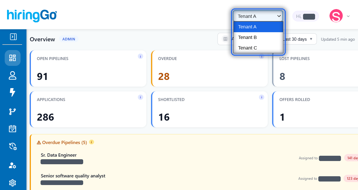 AIRS admin overview with a tenant switcher in the top navigation listing Tenant A, Tenant B and Tenant C