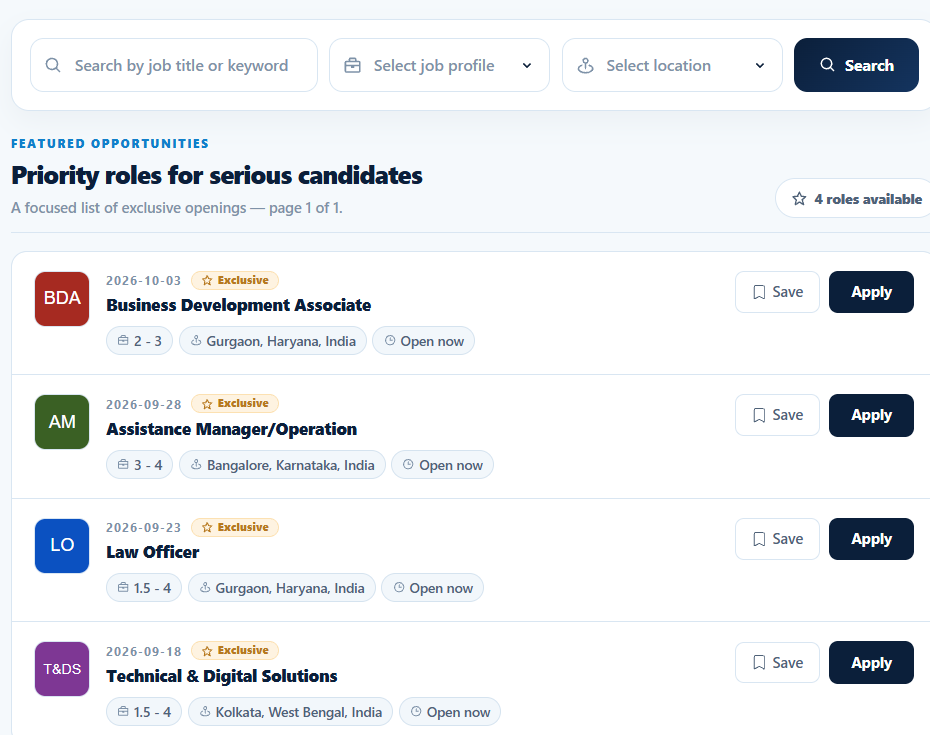 AIRS branded careers portal with job search, location filters and a list of featured roles with Save and Apply buttons